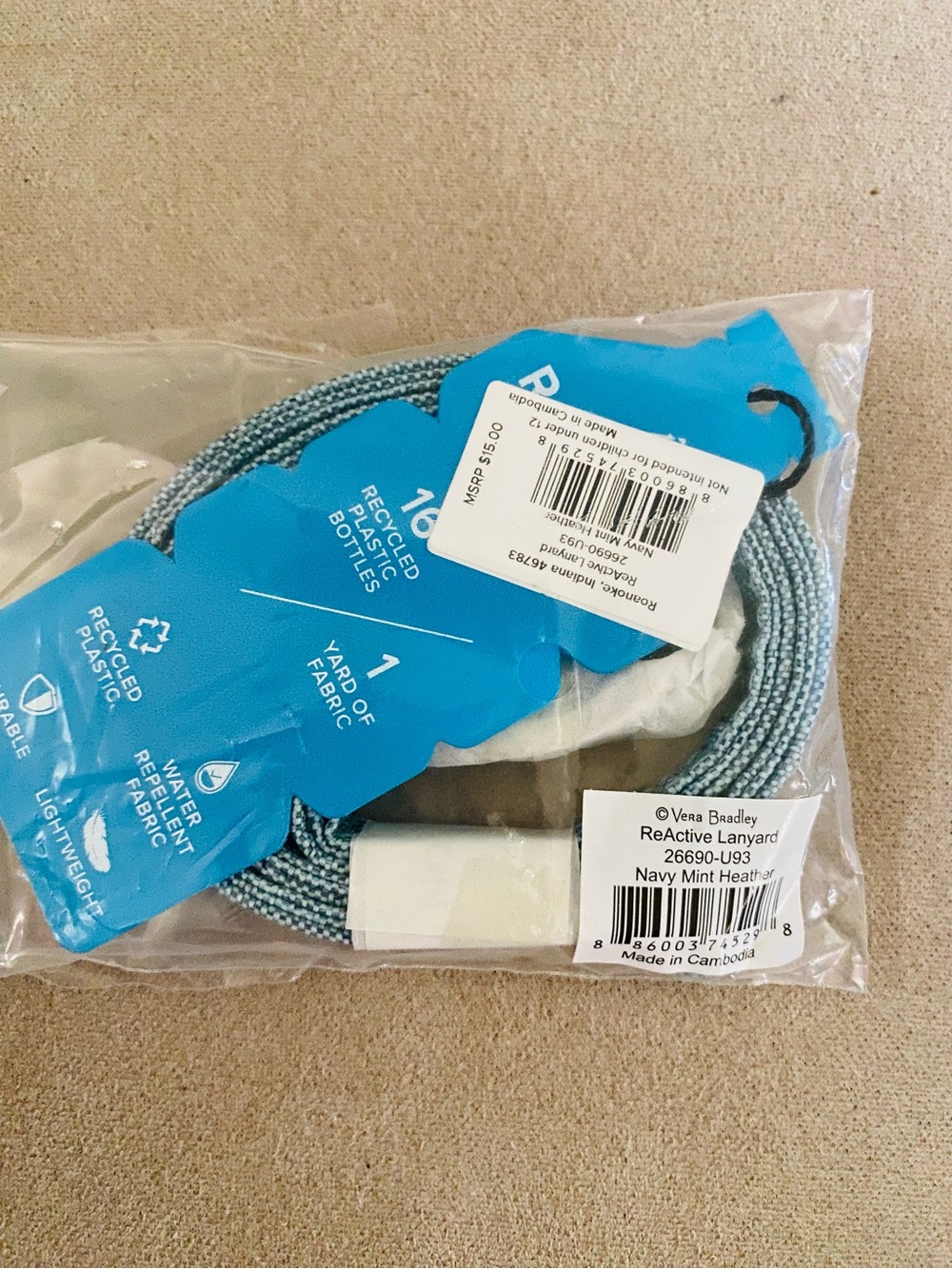 Vera Bradley Navy Mint Heather ReActive Lanyard NWT